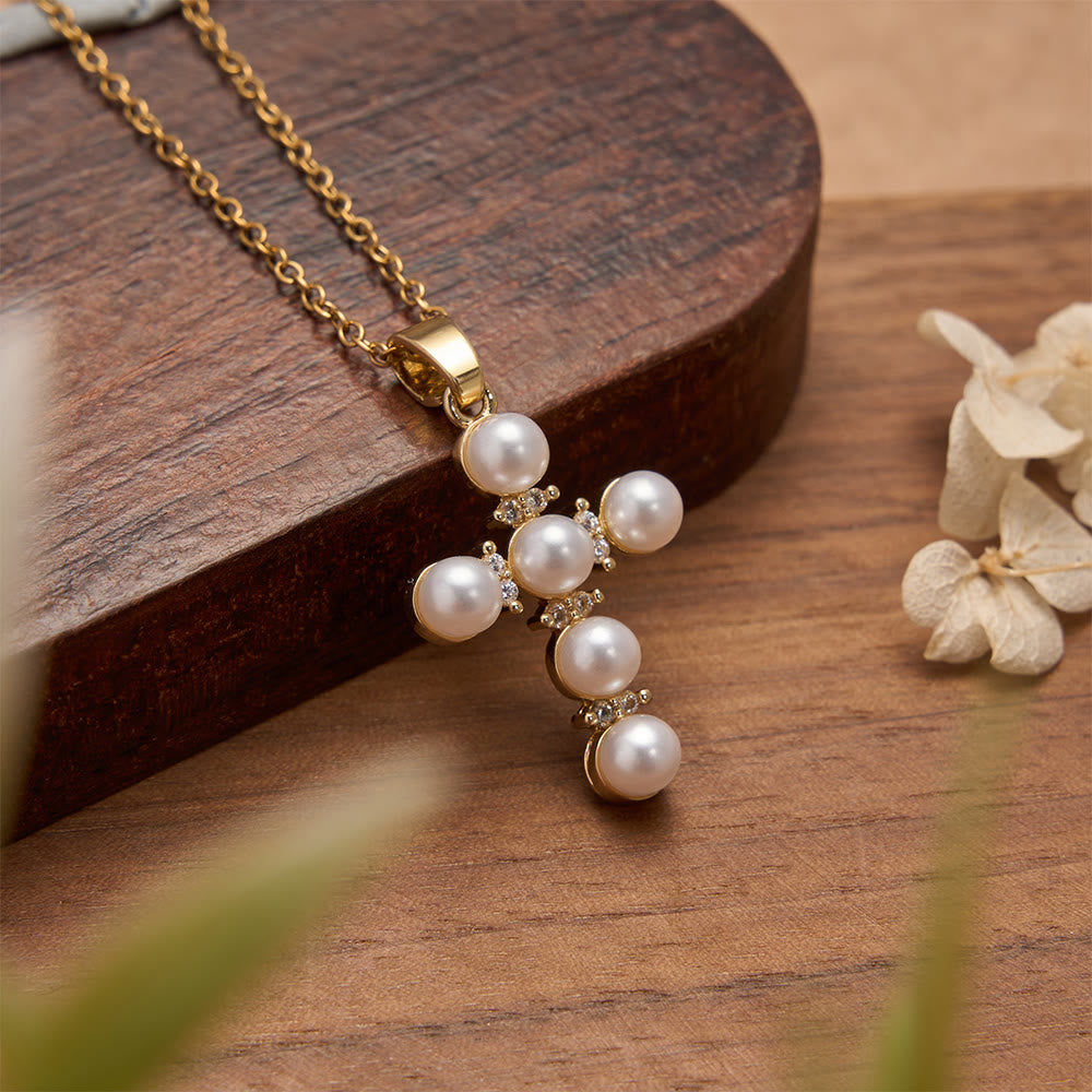 Lustrous Pearl Inlaid Diamond Cross Pendant Necklace: Emblem of Pure Heavenly Serenity