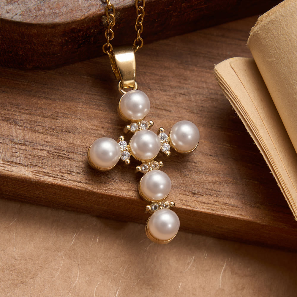 Lustrous Pearl Inlaid Diamond Cross Pendant Necklace: Emblem of Pure Heavenly Serenity