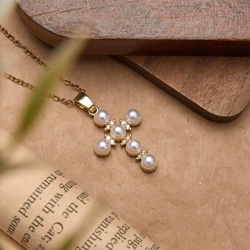 Lustrous Pearl Inlaid Diamond Cross Pendant Necklace: Emblem of Pure Heavenly Serenity
