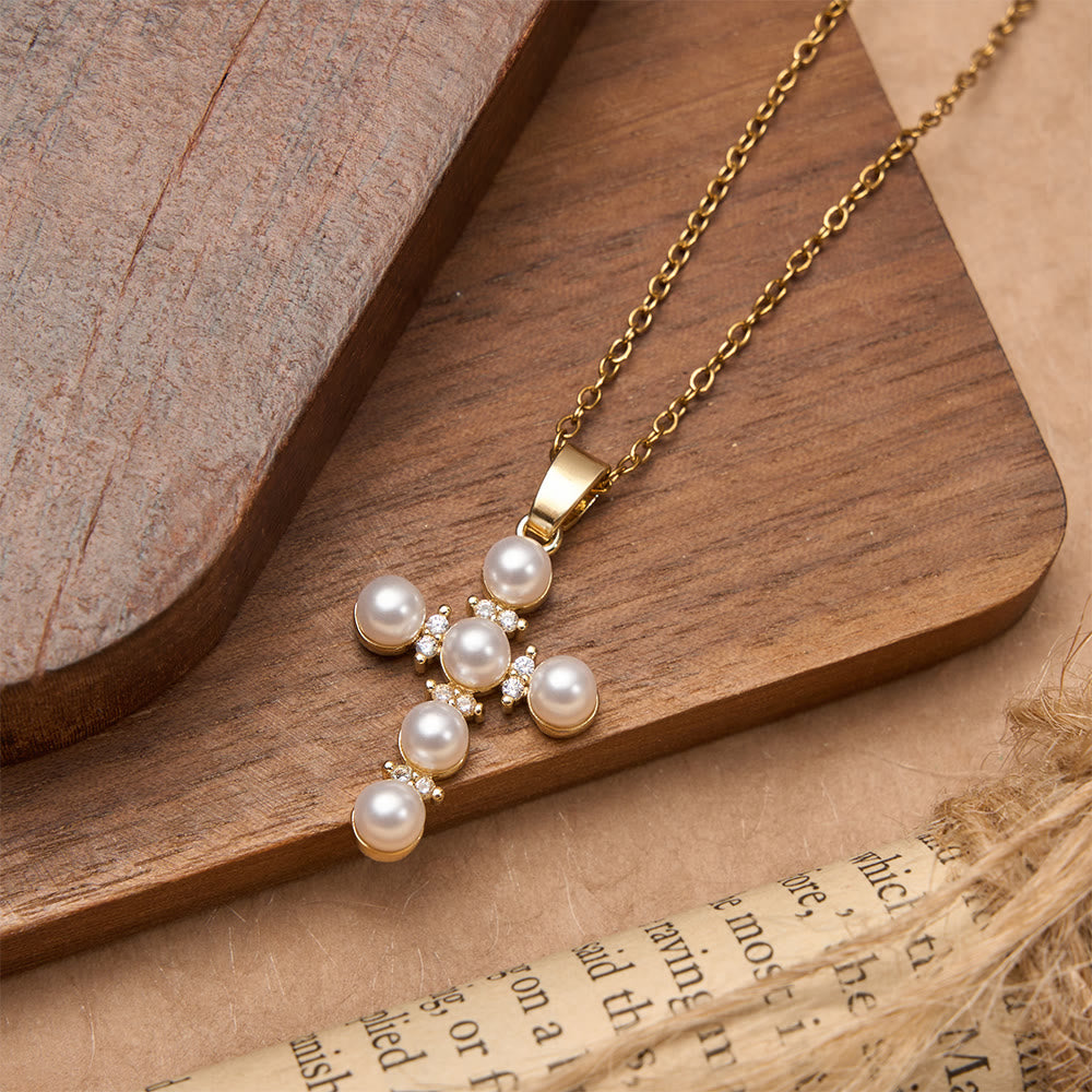 Lustrous Pearl Inlaid Diamond Cross Pendant Necklace: Emblem of Pure Heavenly Serenity