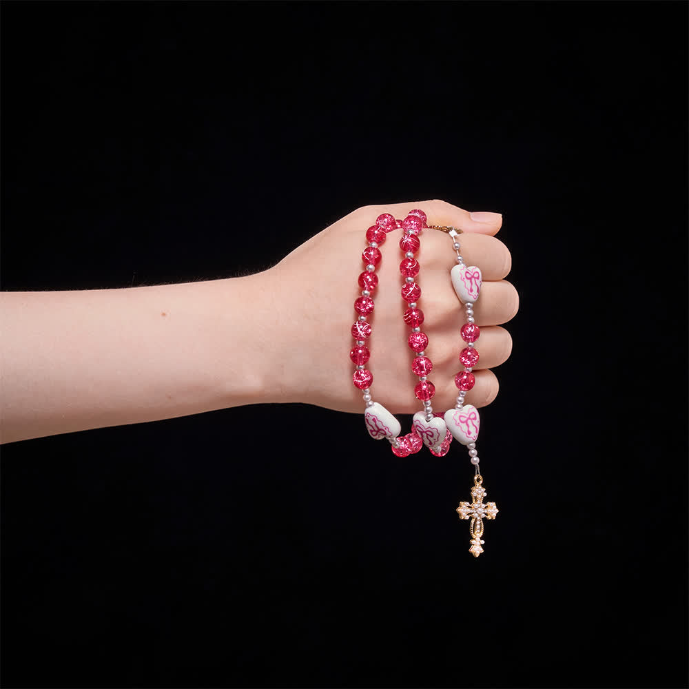 Pink Crackle Glass Rosary With Ceramic Heart Bow Beads & Our Lady Medal