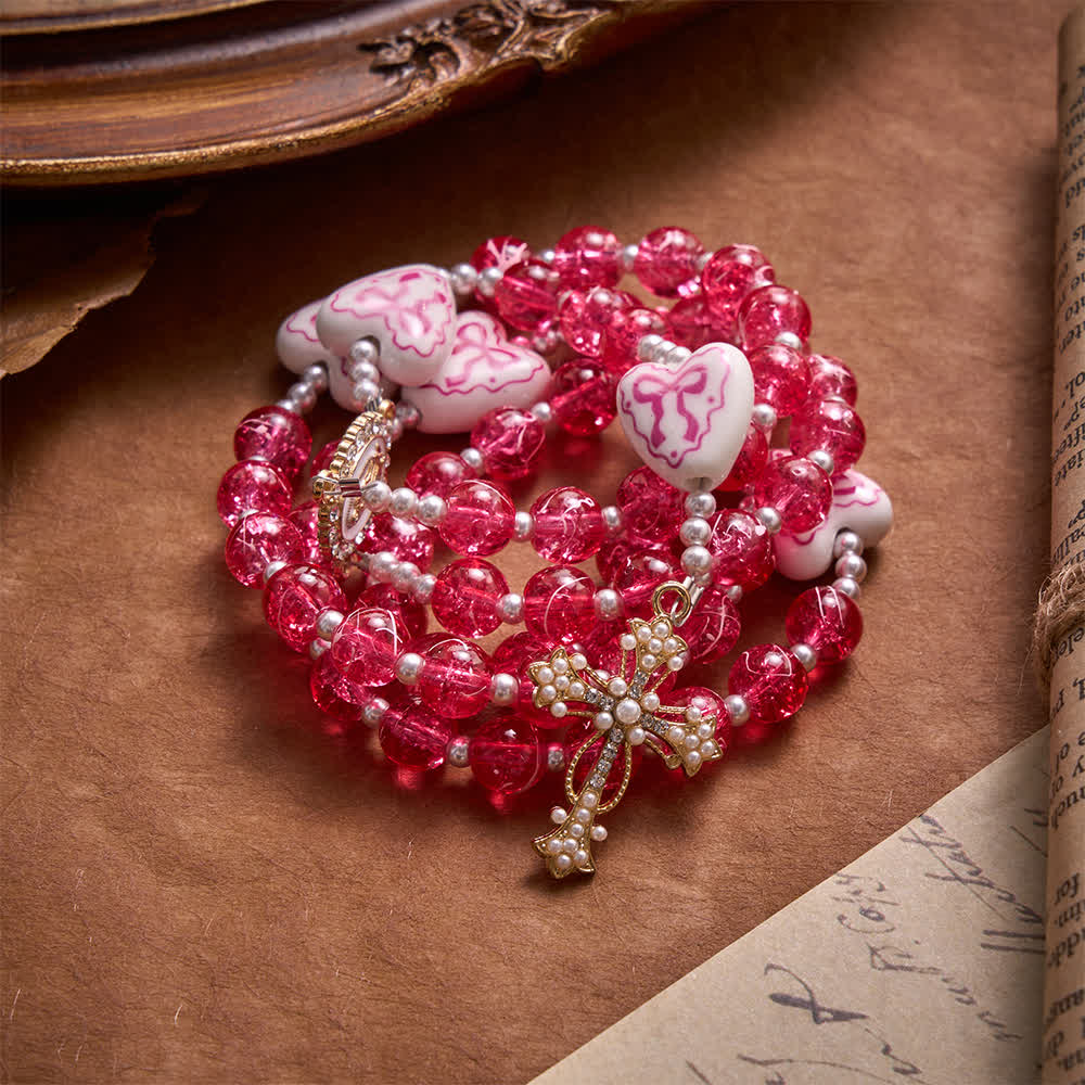 Pink Crackle Glass Rosary With Ceramic Heart Bow Beads & Our Lady Medal