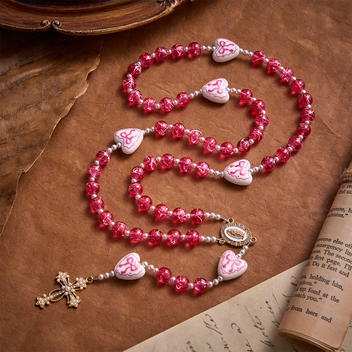 Pink Crackle Glass Rosary With Ceramic Heart Bow Beads & Our Lady Medal