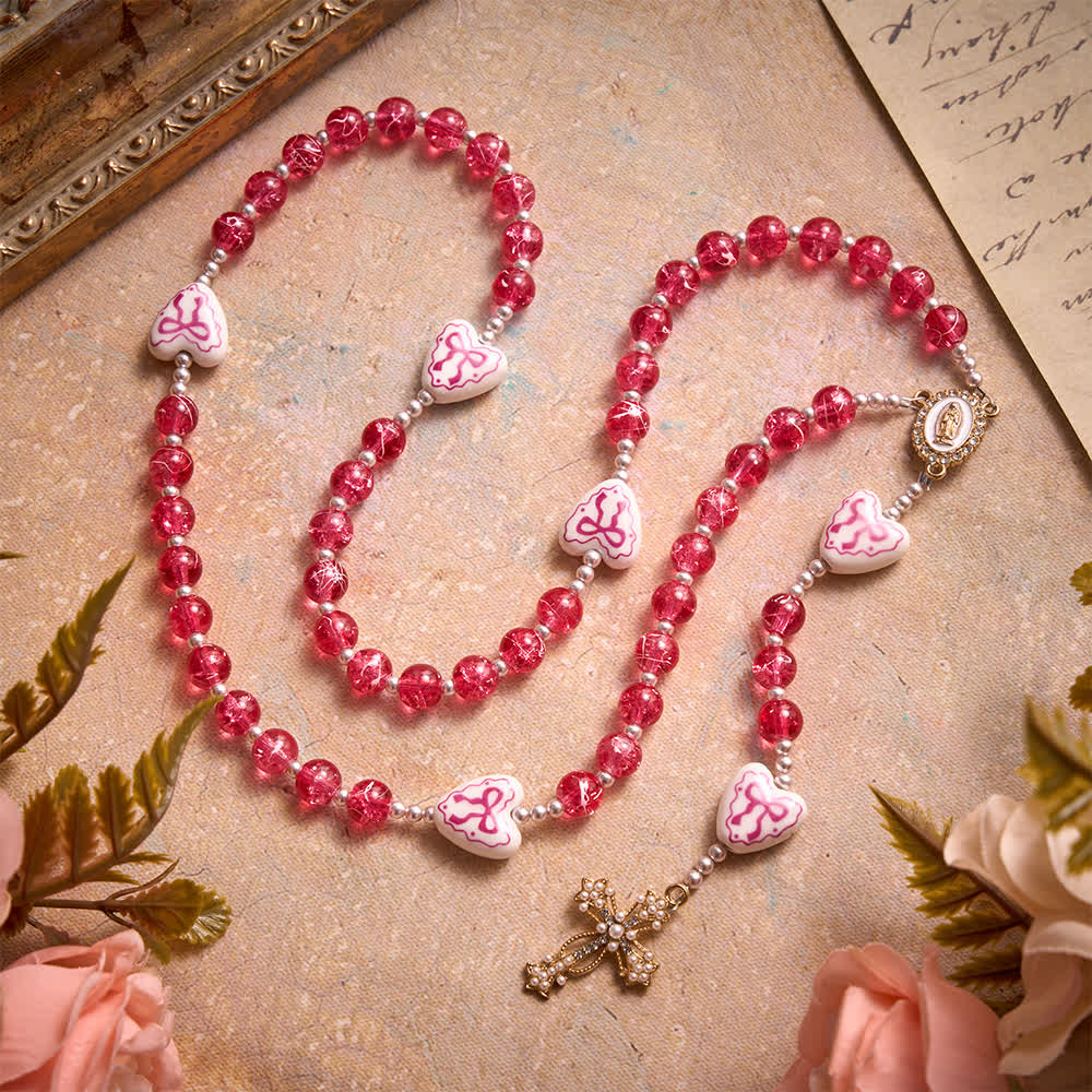 Pink Crackle Glass Rosary With Ceramic Heart Bow Beads & Our Lady Medal
