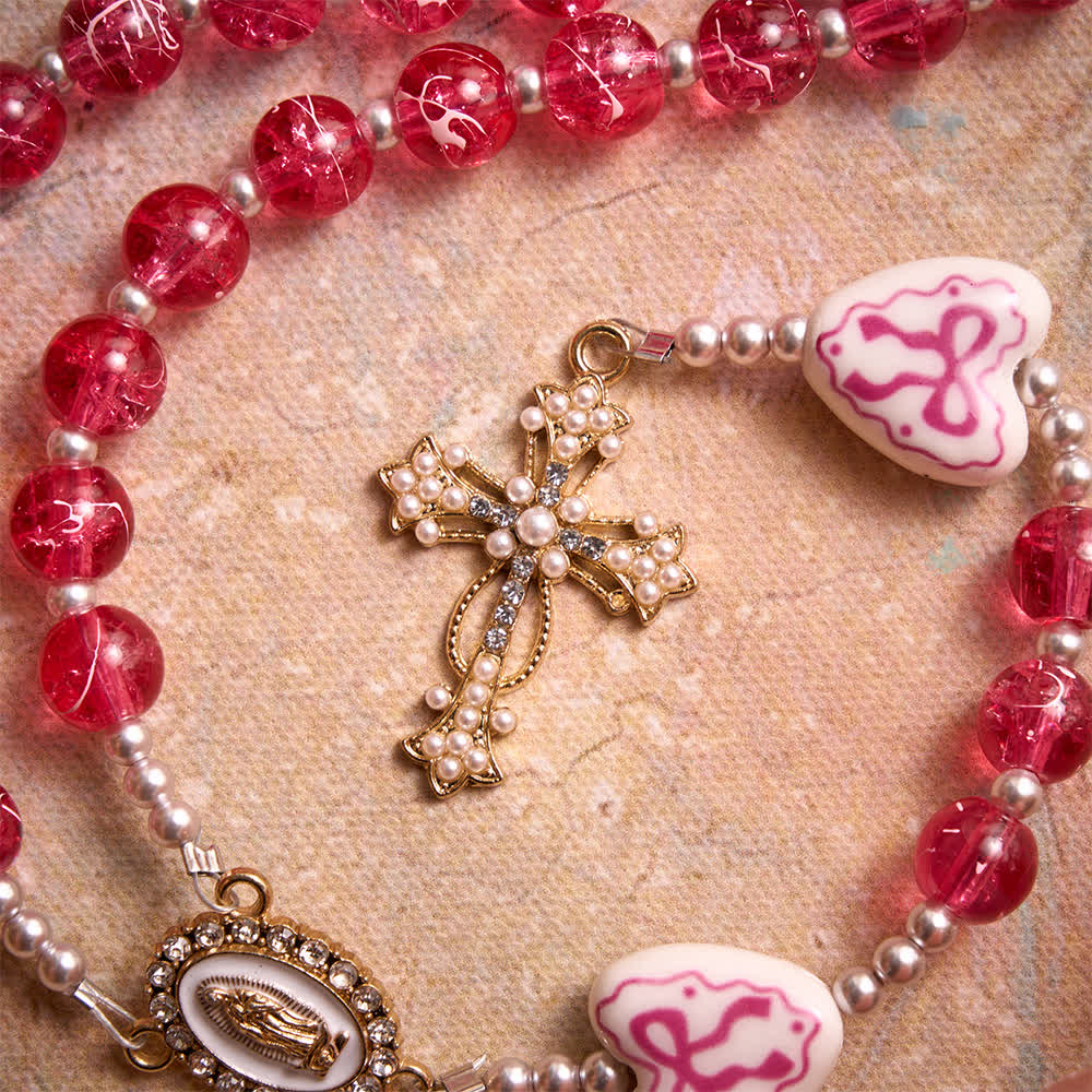 Pink Crackle Glass Rosary With Ceramic Heart Bow Beads & Our Lady Medal