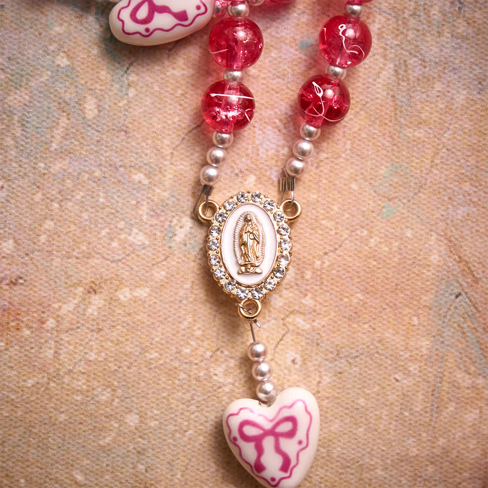 Pink Crackle Glass Rosary With Ceramic Heart Bow Beads & Our Lady Medal