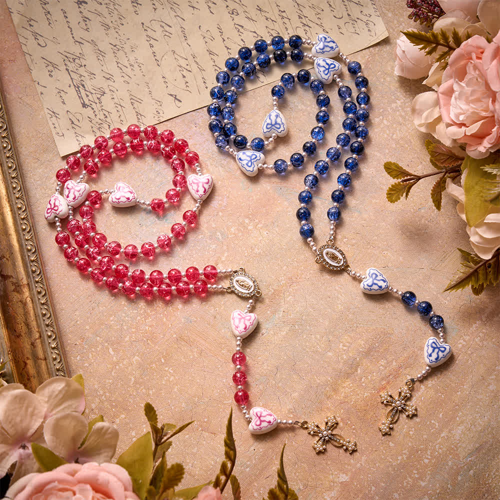 Blue Crackle Glass Rosary With Ceramic Heart Bow Beads & Our Lady Medal