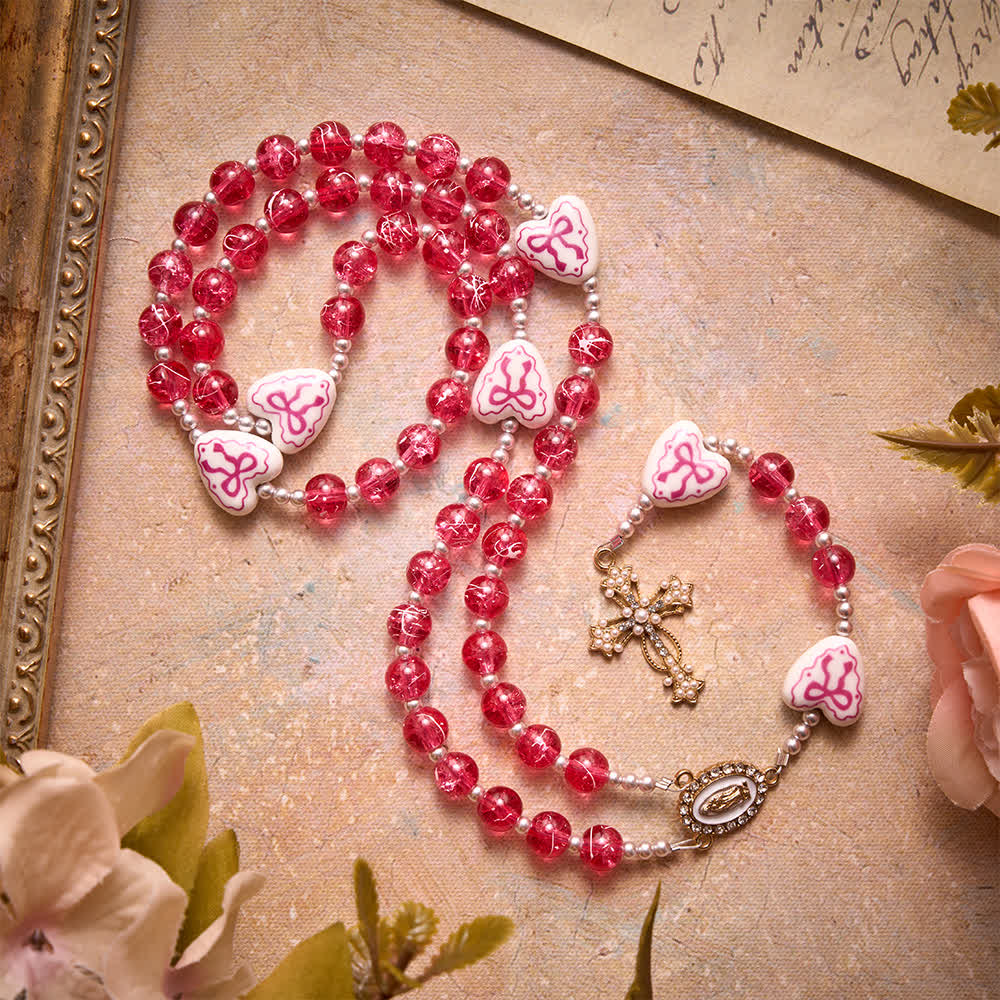 Pink Crackle Glass Rosary With Ceramic Heart Bow Beads & Our Lady Medal