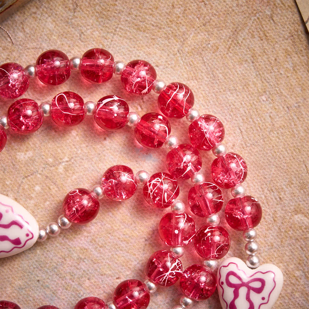 Pink Crackle Glass Rosary With Ceramic Heart Bow Beads & Our Lady Medal