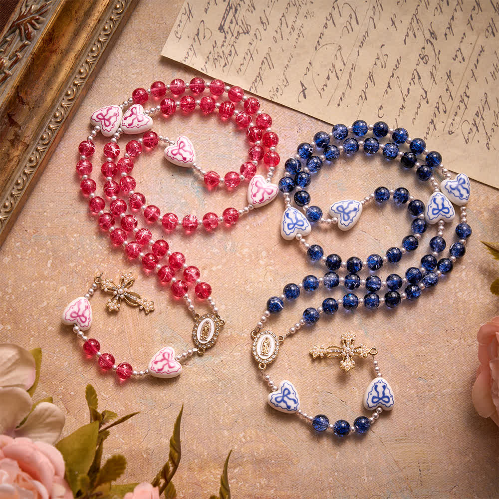 Blue Crackle Glass Rosary With Ceramic Heart Bow Beads & Our Lady Medal