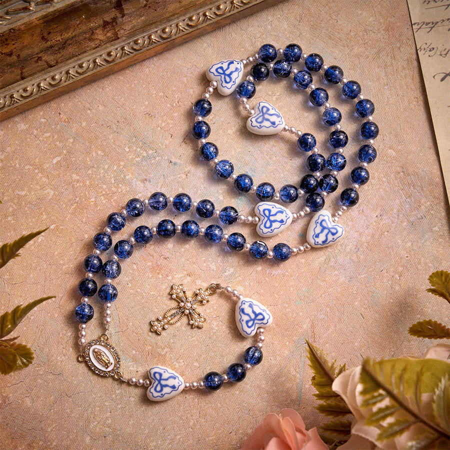 Blue Crackle Glass Rosary With Ceramic Heart Bow Beads & Our Lady Medal