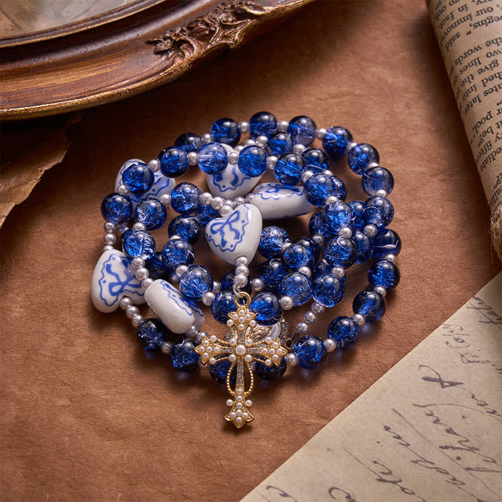 Blue Crackle Glass Rosary With Ceramic Heart Bow Beads & Our Lady Medal