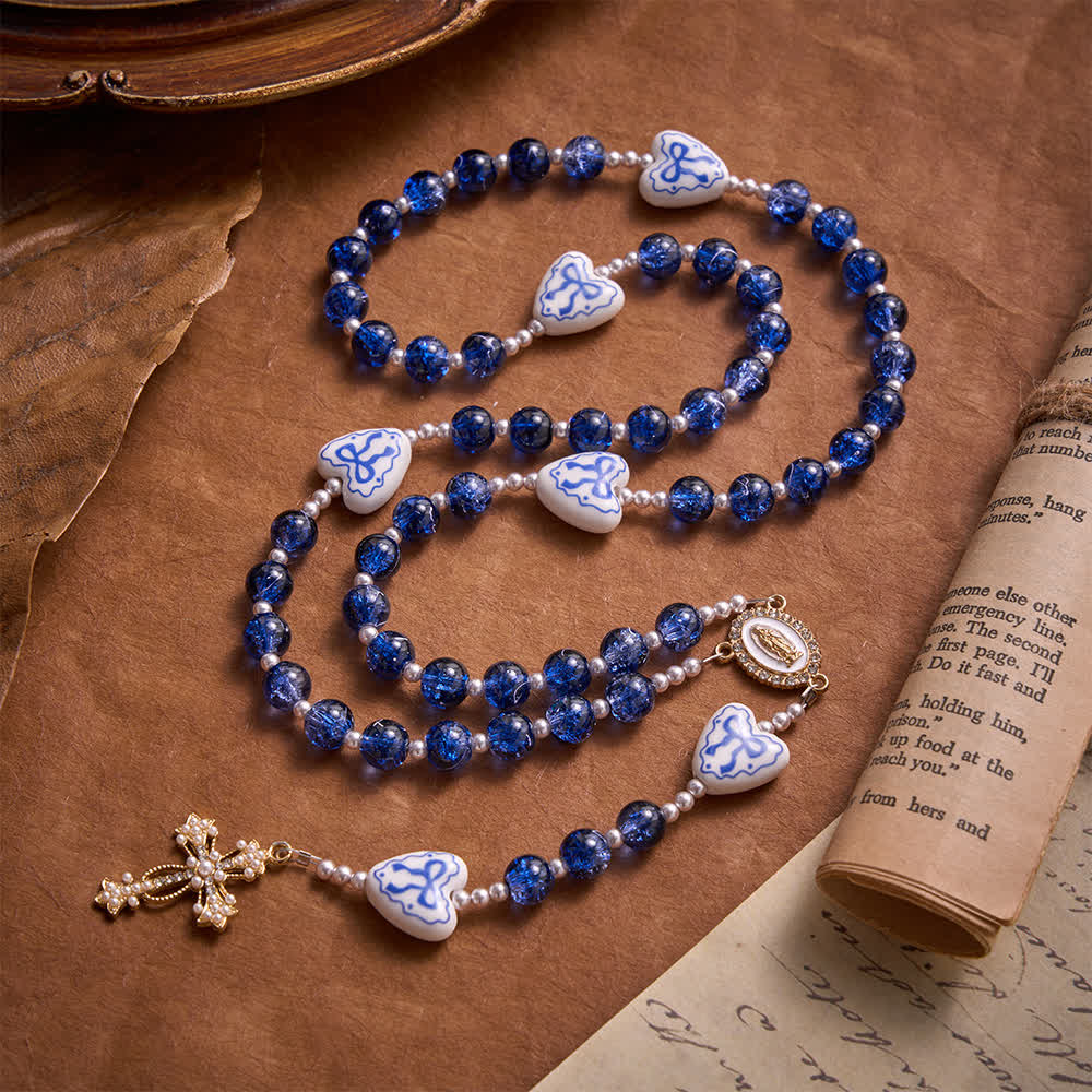 Blue Crackle Glass Rosary With Ceramic Heart Bow Beads & Our Lady Medal