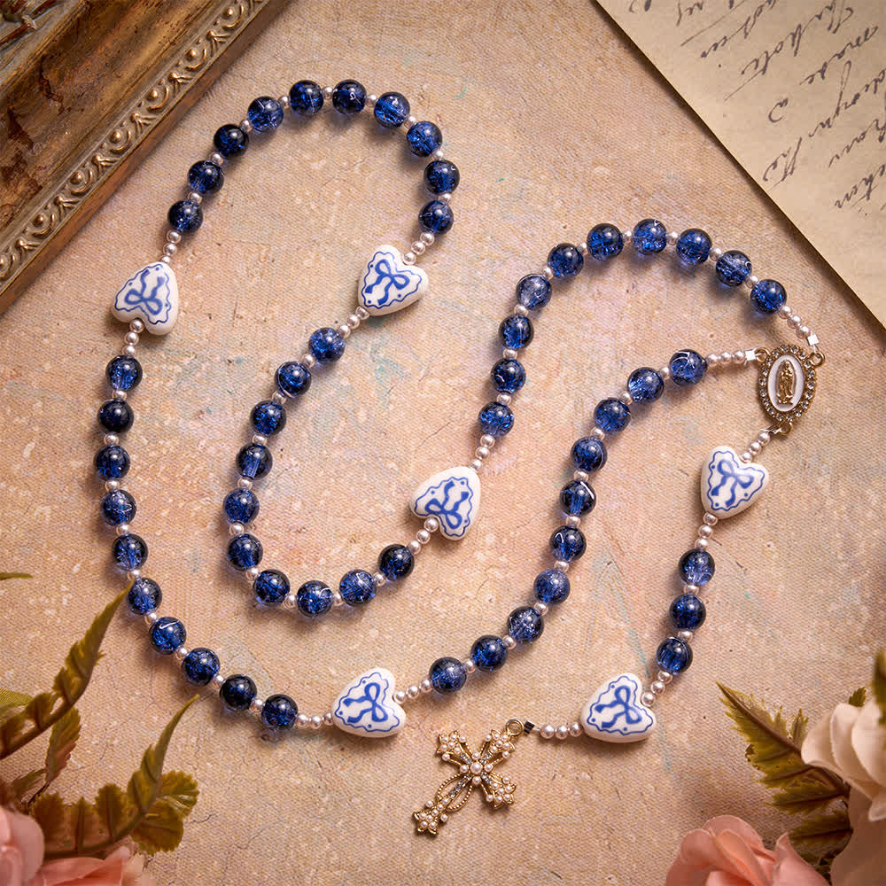 Blue Crackle Glass Rosary With Ceramic Heart Bow Beads & Our Lady Medal