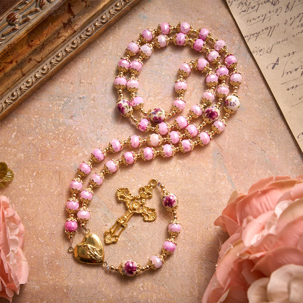 Floral Porcelain Glass Ball Rosary With Our Lady Heart Medal & Ornate Crucifix