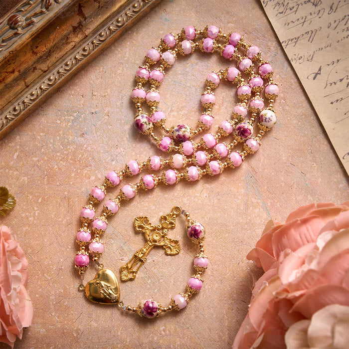 Floral Porcelain Glass Ball Rosary With Our Lady Heart Medal & Ornate Crucifix