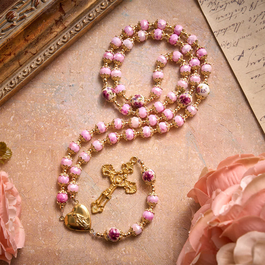 Floral Porcelain Glass Ball Rosary With Our Lady Heart Medal & Ornate Crucifix