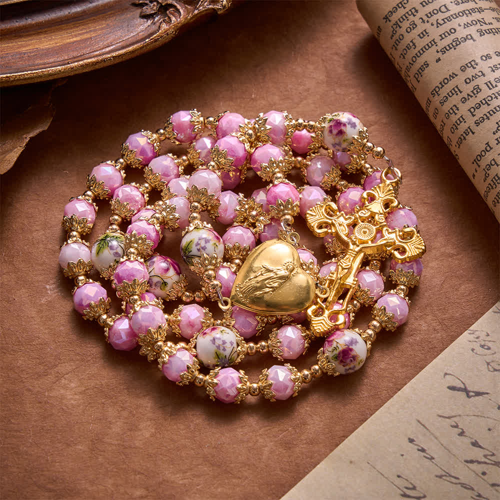Floral Porcelain Glass Ball Rosary With Our Lady Heart Medal & Ornate Crucifix