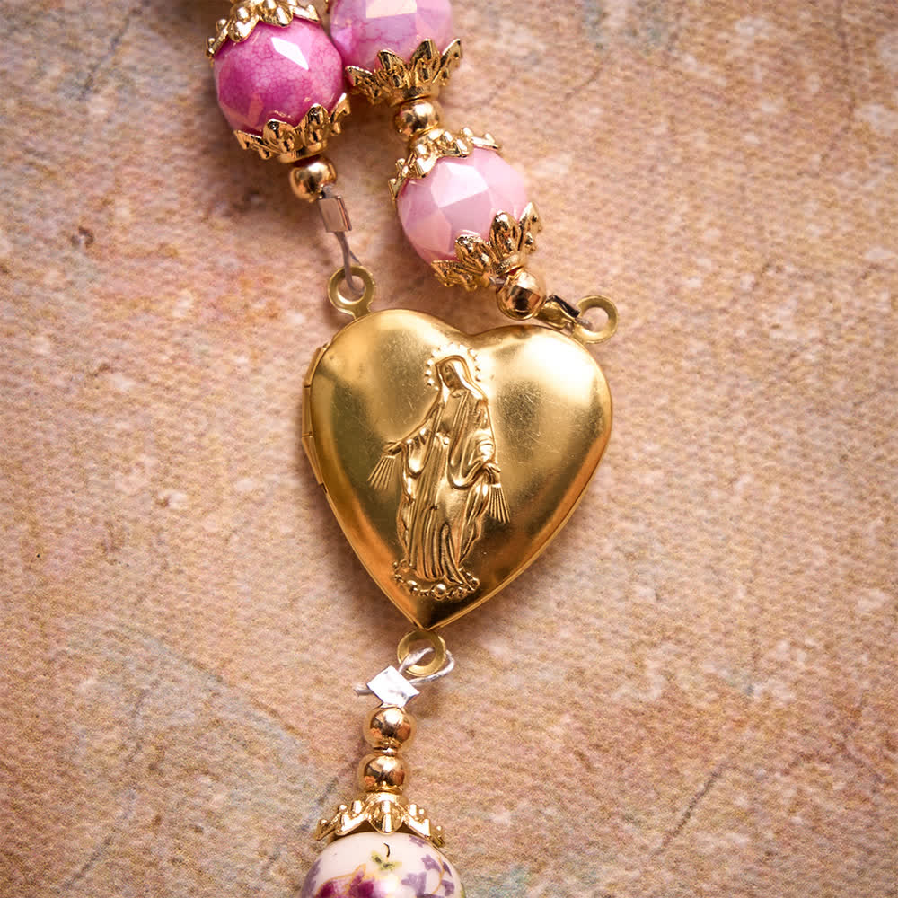 Floral Porcelain Glass Ball Rosary With Our Lady Heart Medal & Ornate Crucifix