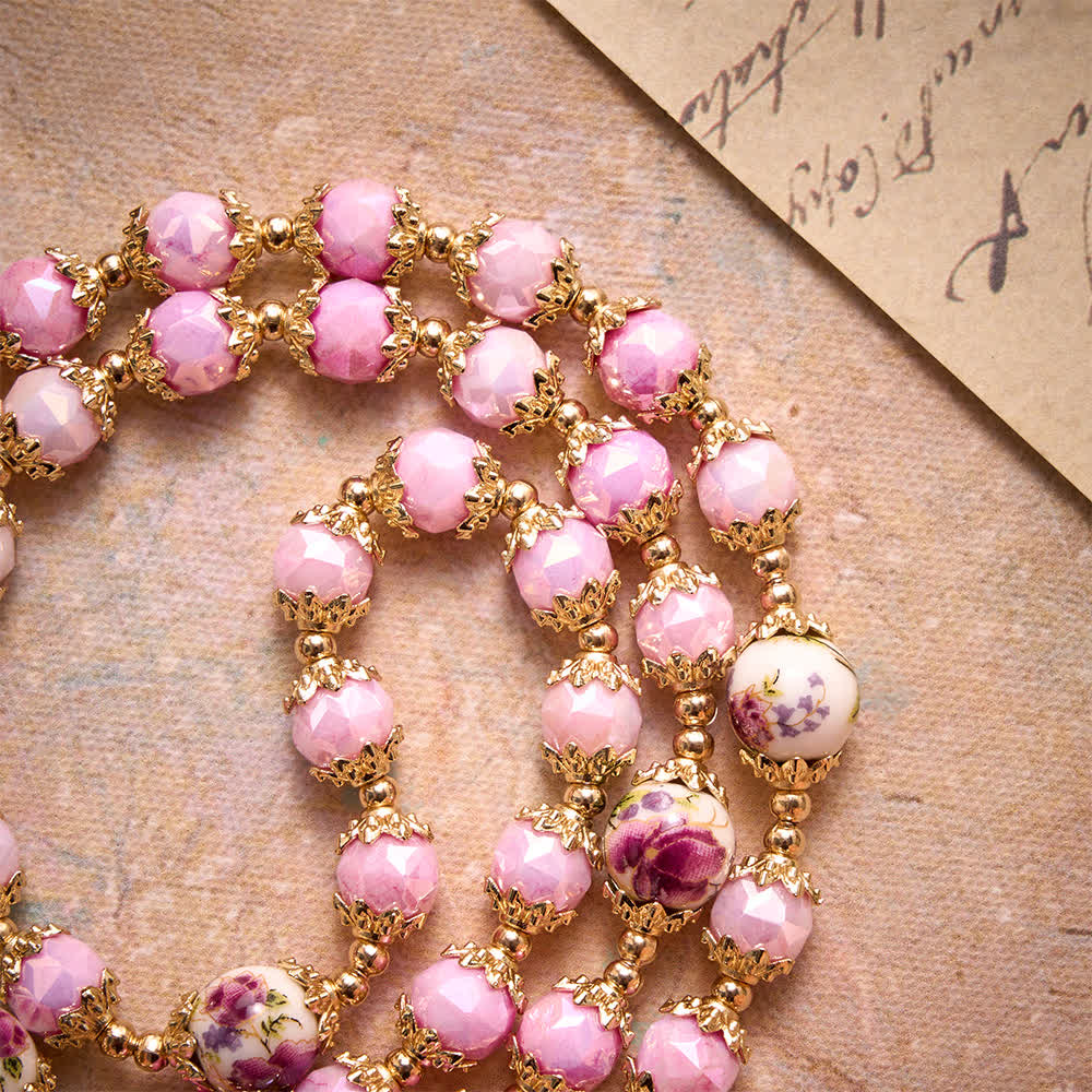 Floral Porcelain Glass Ball Rosary With Our Lady Heart Medal & Ornate Crucifix