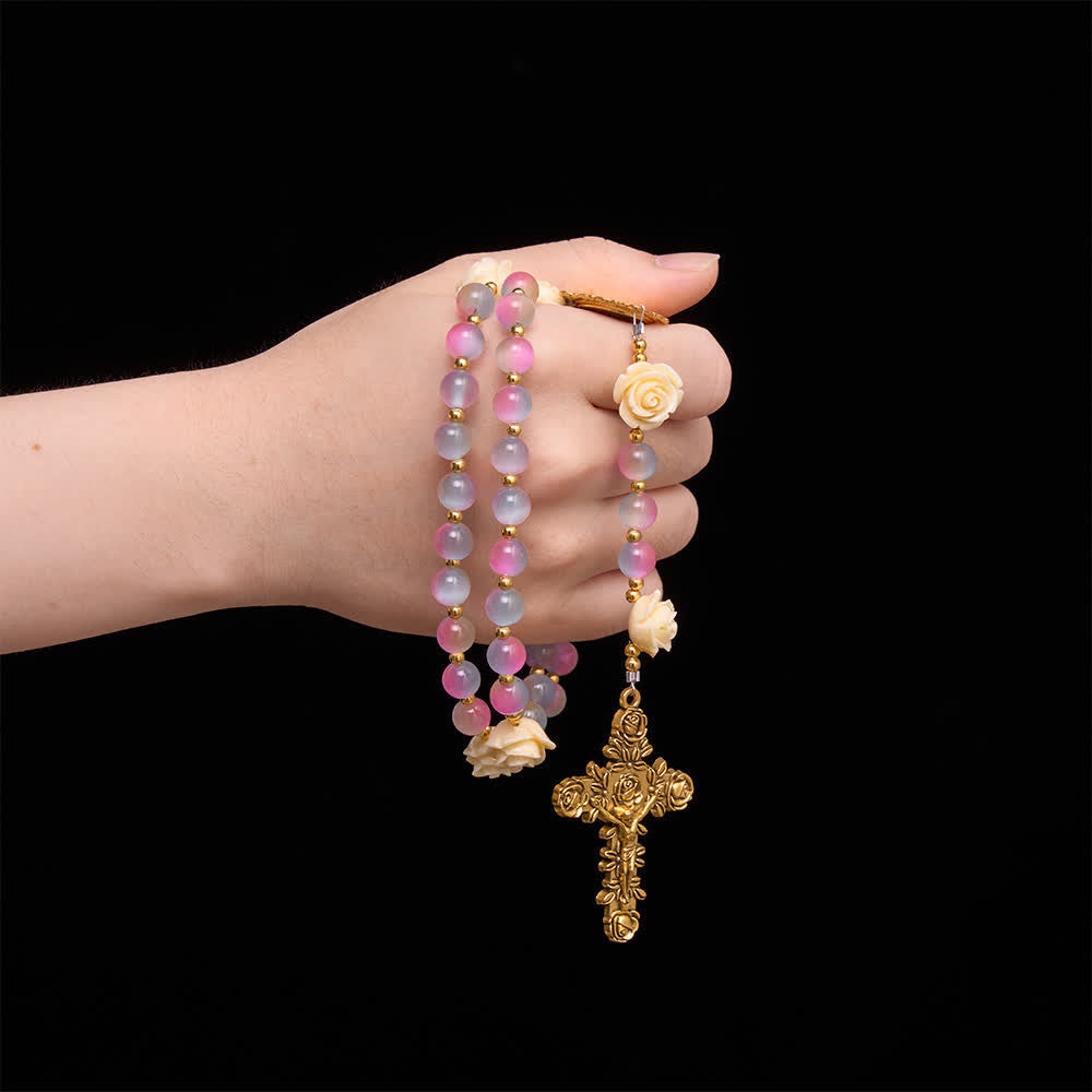 Dreamy Gradient Stained Glass Rose Rosary With St.Theresa Medallion