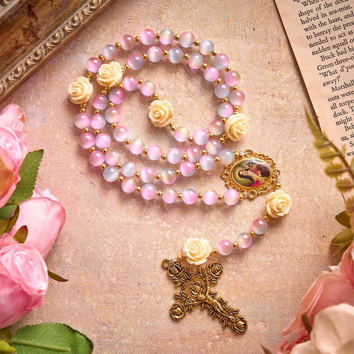 Dreamy Gradient Stained Glass Rose Rosary With St.Theresa Medallion