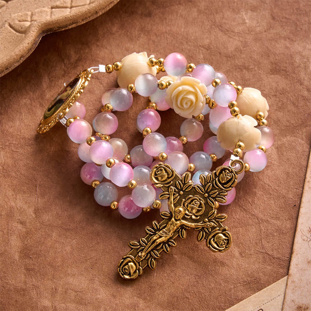 Dreamy Gradient Stained Glass Rose Rosary With St.Theresa Medallion