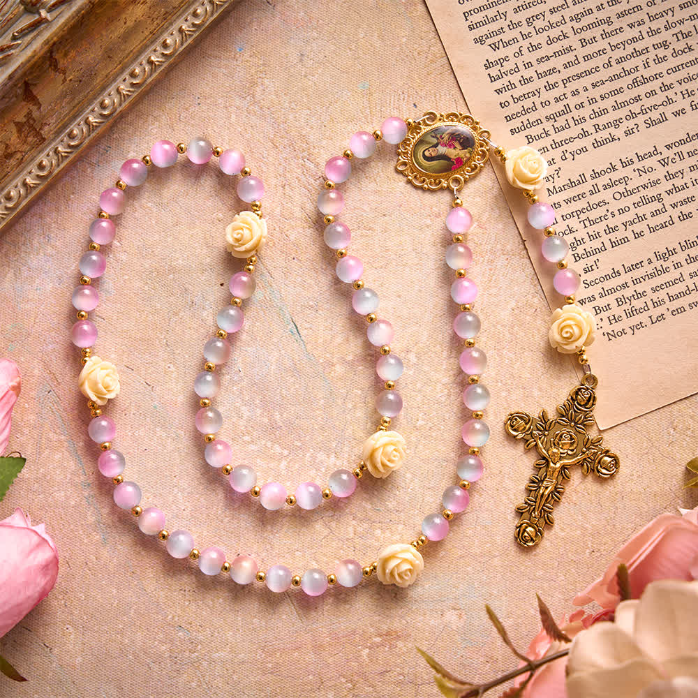 Dreamy Gradient Stained Glass Rose Rosary With St.Theresa Medallion