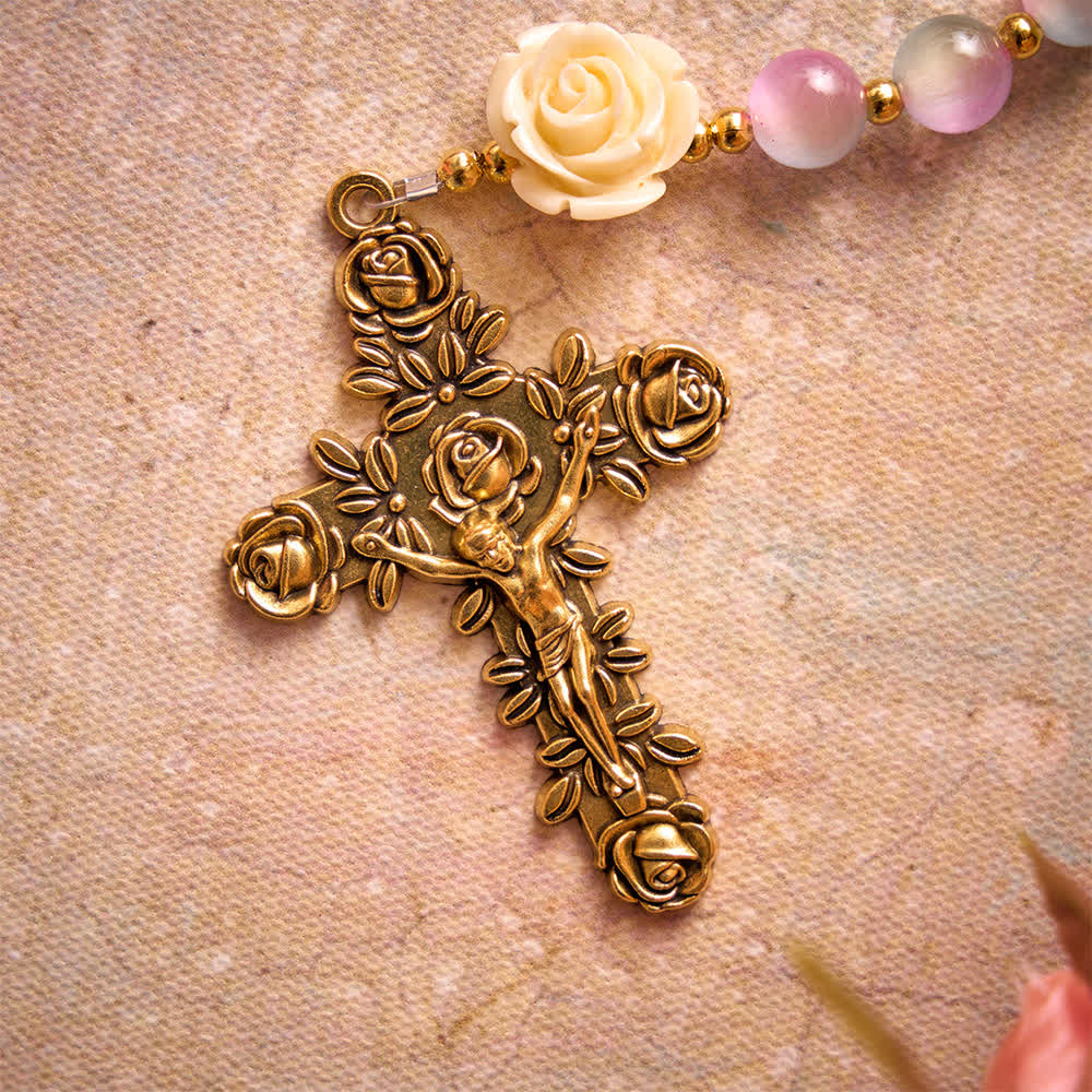 Dreamy Gradient Stained Glass Rose Rosary With St.Theresa Medallion