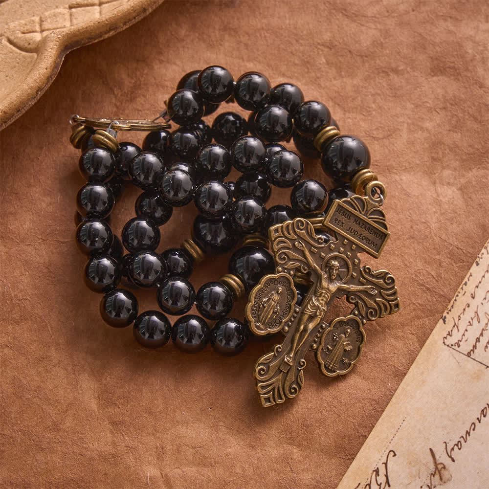 Polished Natural Obsidian St.Benedict Rosary: Emblem of Solid Heavenly Protection