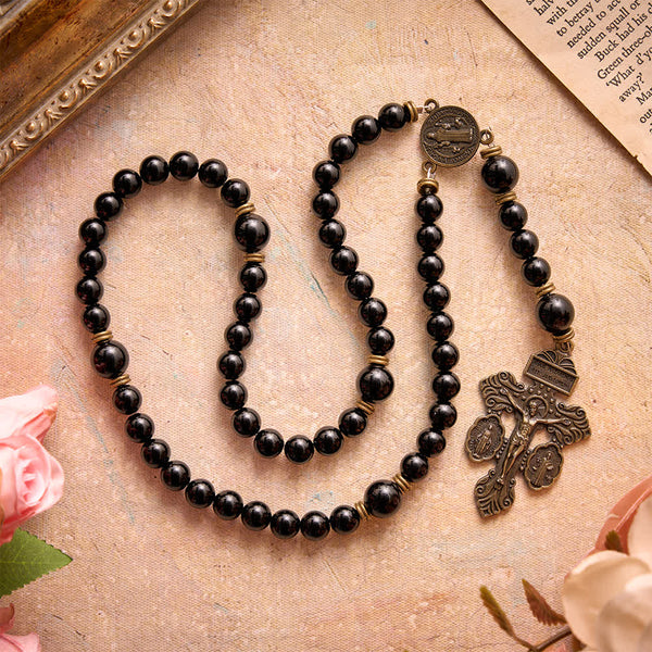 Polished Natural Obsidian St.Benedict Rosary: Emblem of Solid Heavenly Protection