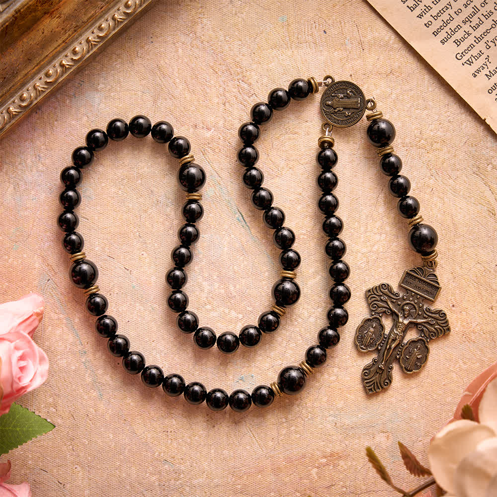 Polished Natural Obsidian St.Benedict Rosary: Emblem of Solid Heavenly Protection