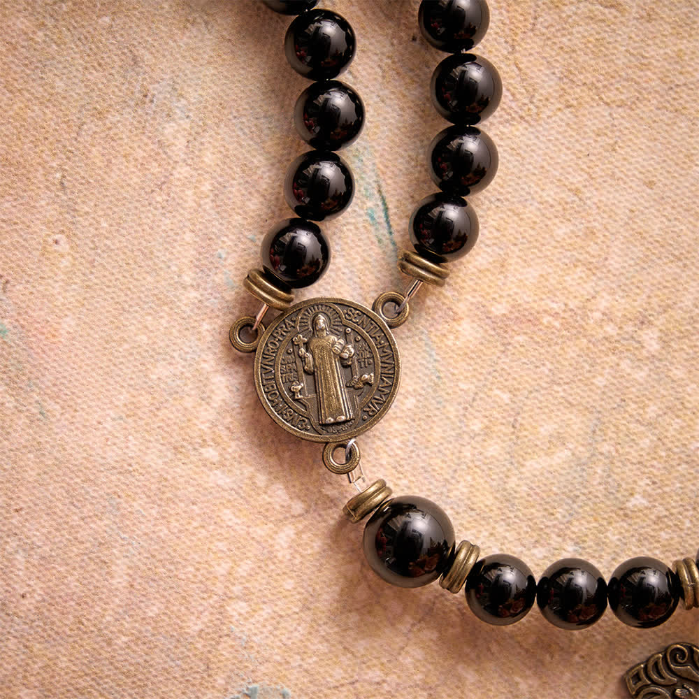 Polished Natural Obsidian St.Benedict Rosary: Emblem of Solid Heavenly Protection