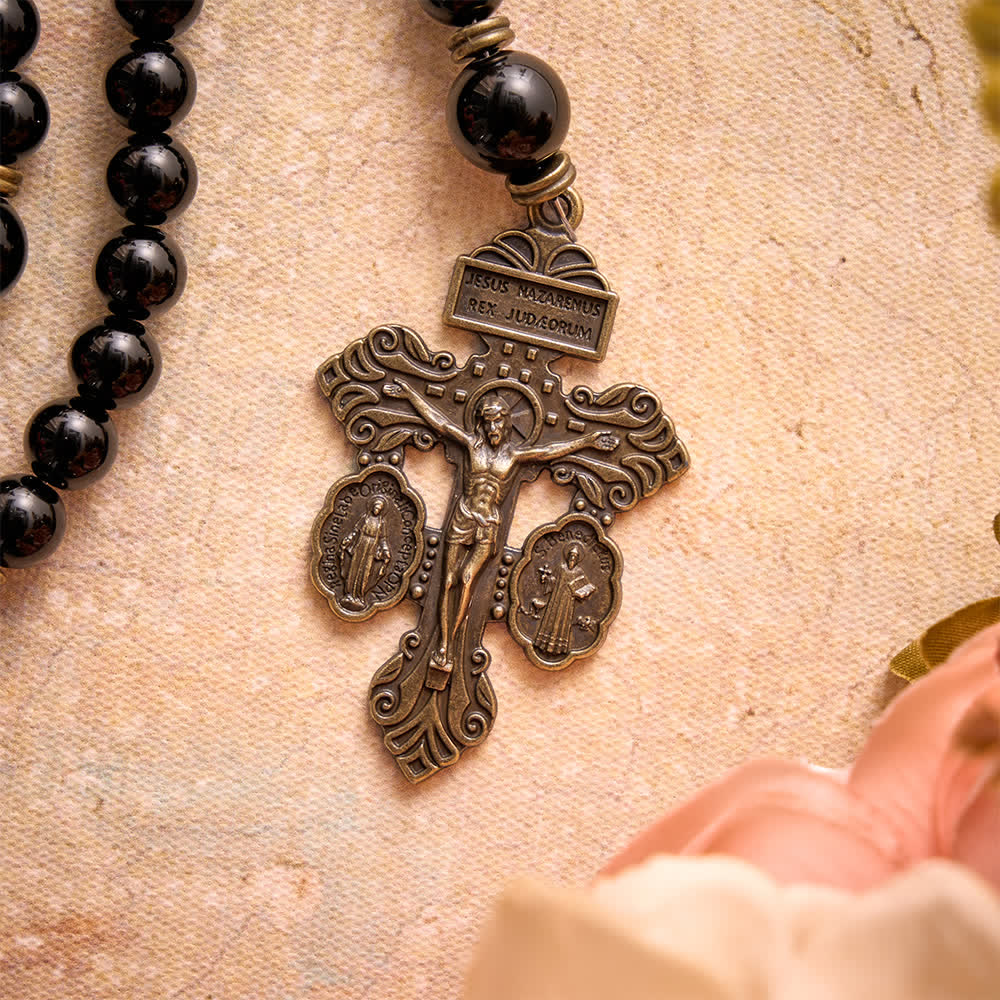 Polished Natural Obsidian St.Benedict Rosary: Emblem of Solid Heavenly Protection