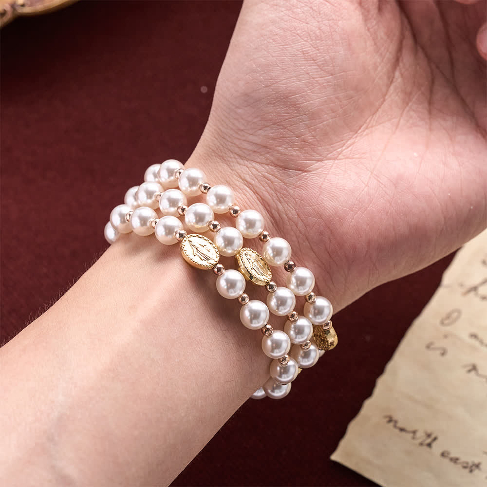 Multi-Loop Pearl Bracelet Rosary With Embossed Our Lady Medal: Emblem of Mild Heavenly Mercy