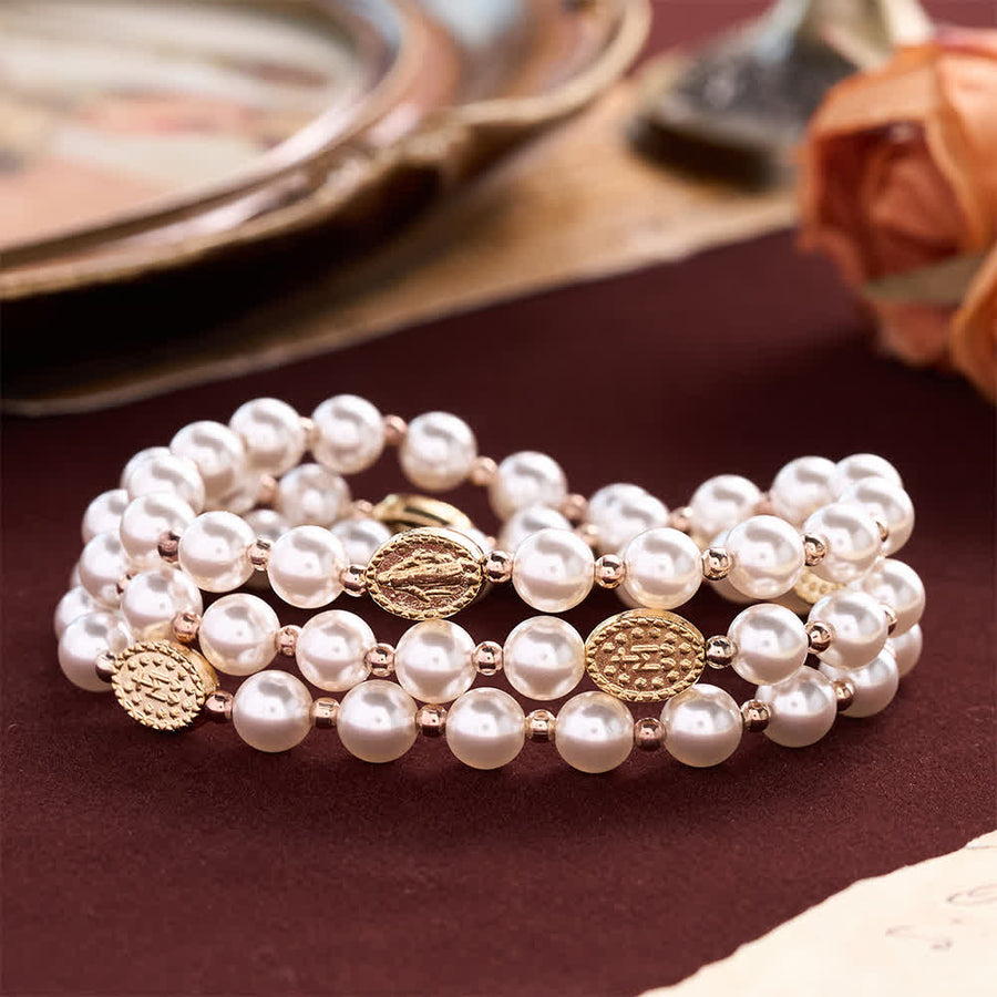Multi-Loop Pearl Bracelet Rosary With Embossed Our Lady Medal: Emblem of Mild Heavenly Mercy