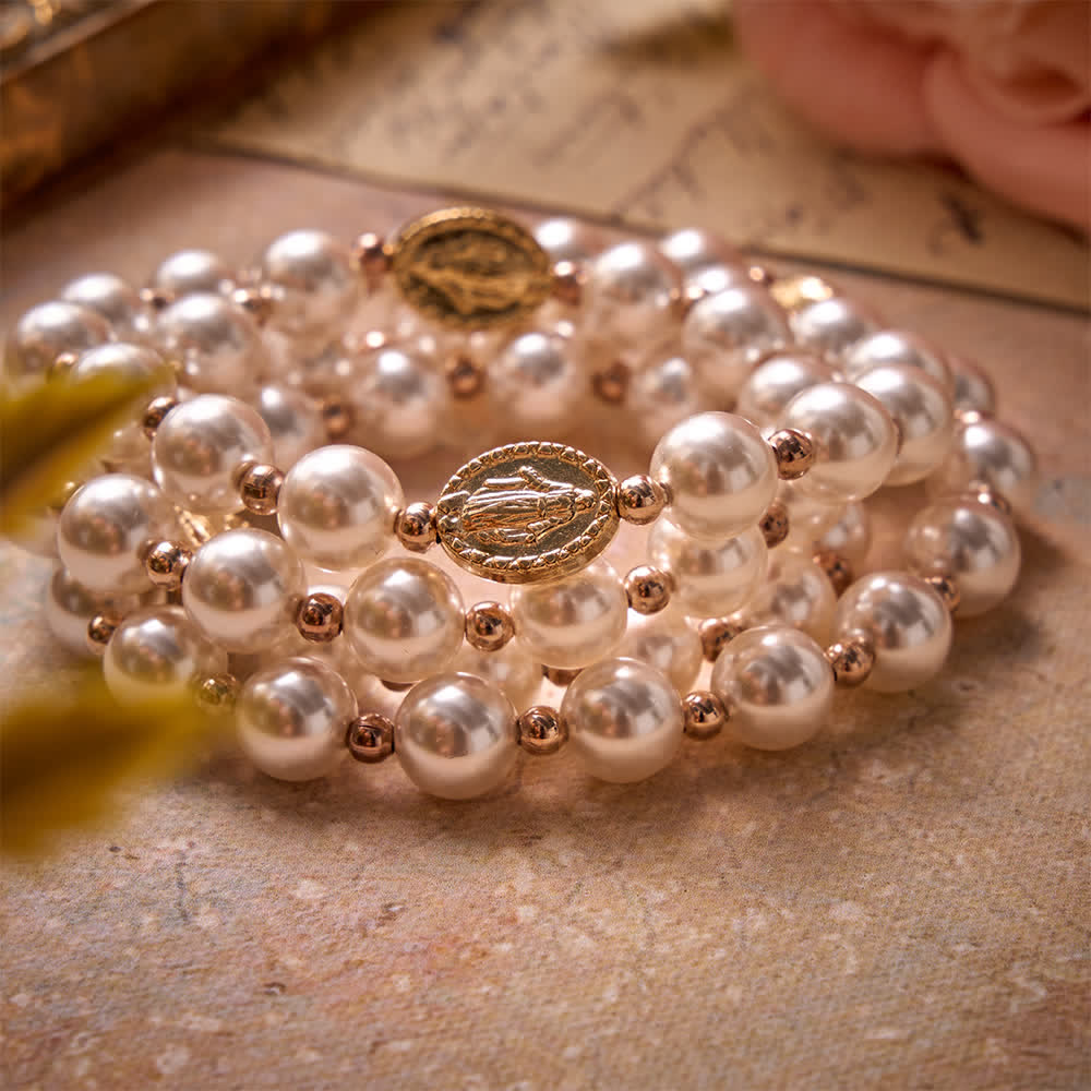 Multi-Loop Pearl Bracelet Rosary With Embossed Our Lady Medal: Emblem of Mild Heavenly Mercy