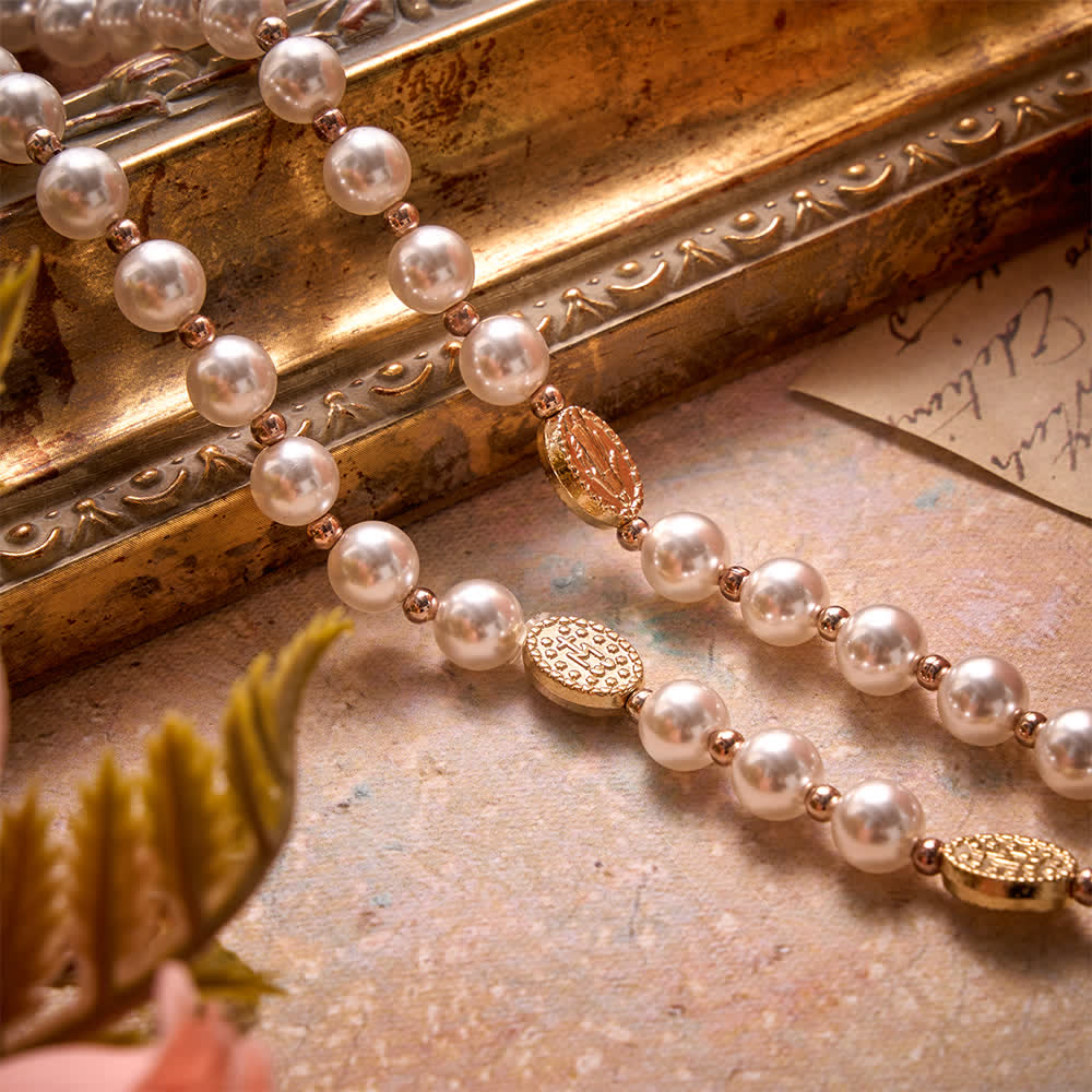 Multi-Loop Pearl Bracelet Rosary With Embossed Our Lady Medal: Emblem of Mild Heavenly Mercy