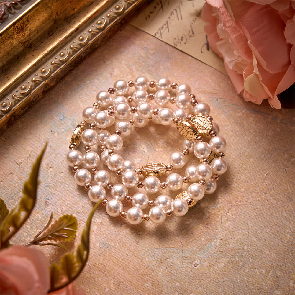 Multi-Loop Pearl Bracelet Rosary With Embossed Our Lady Medal: Emblem of Mild Heavenly Mercy