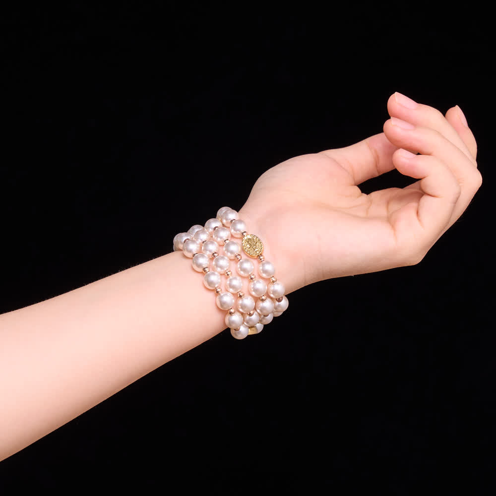 Multi-Loop Pearl Bracelet Rosary With Embossed Our Lady Medal: Emblem of Mild Heavenly Mercy