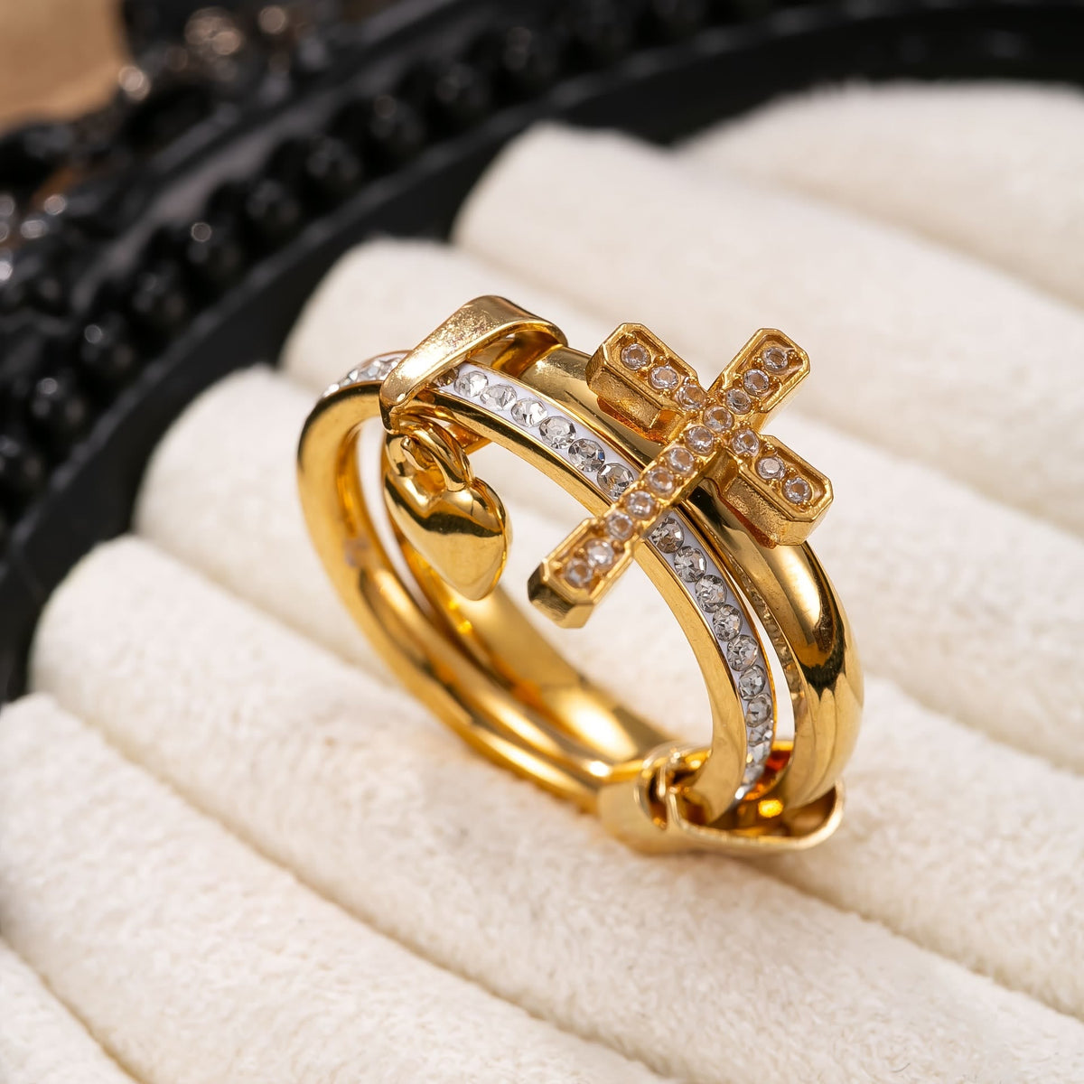 Interlocked Dual Band Ring With Paved Crystal Cross & Dangle Heart: Emblem of Warm Divine Protection