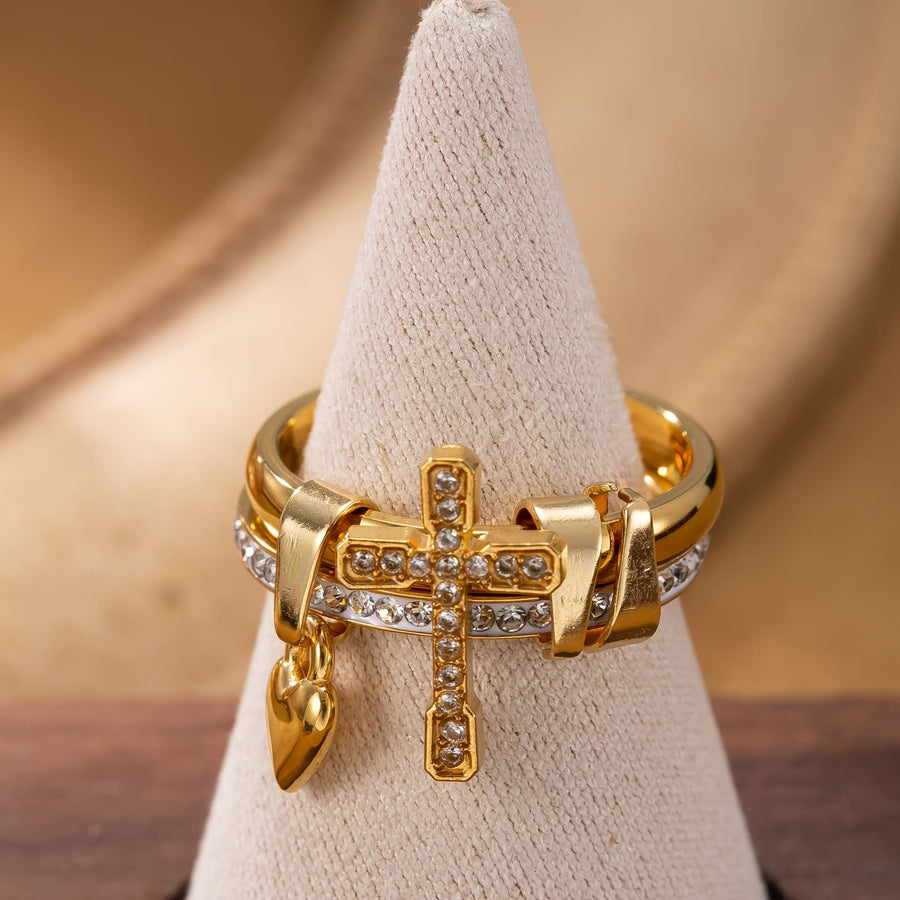 Interlocked Dual Band Ring With Paved Crystal Cross & Dangle Heart: Emblem of Warm Divine Protection