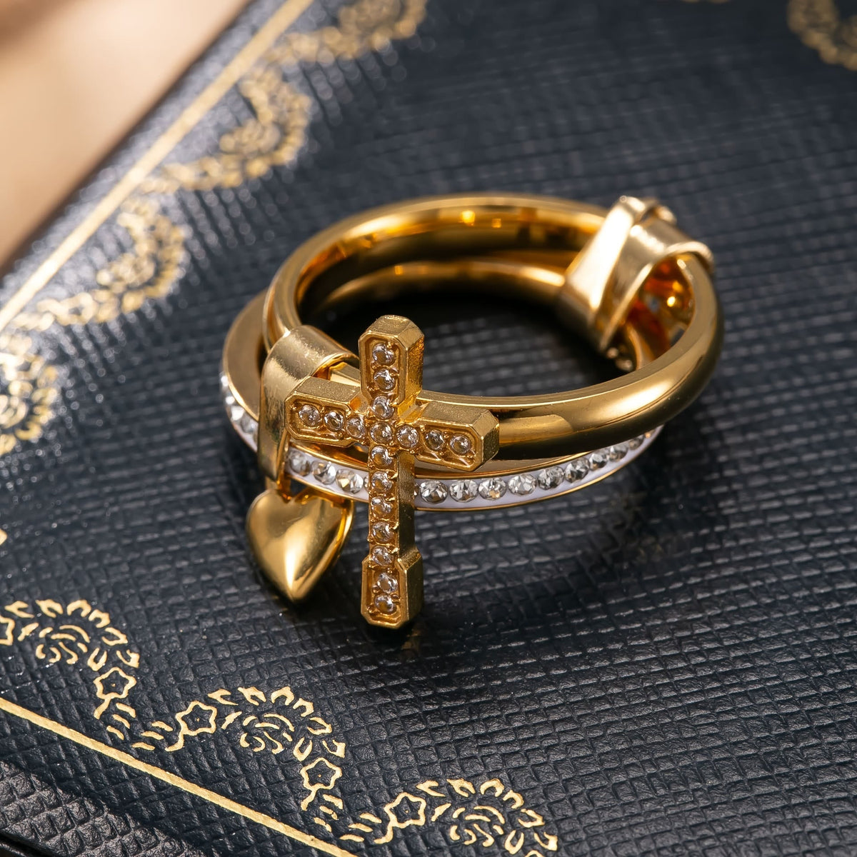 Interlocked Dual Band Ring With Paved Crystal Cross & Dangle Heart: Emblem of Warm Divine Protection