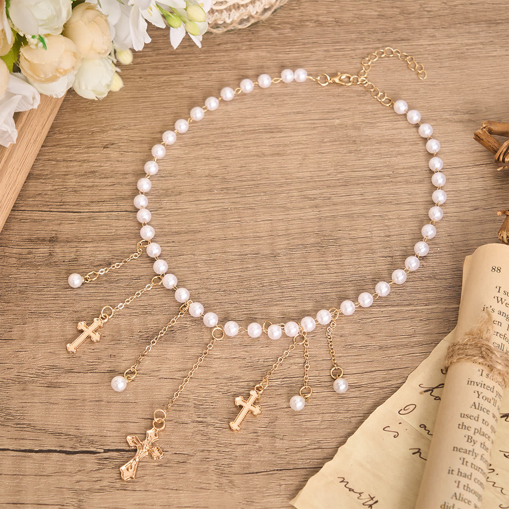 Pearl Bead Tassel Cross Choker Necklace: Emblem of Soft Heavenly Tenderness