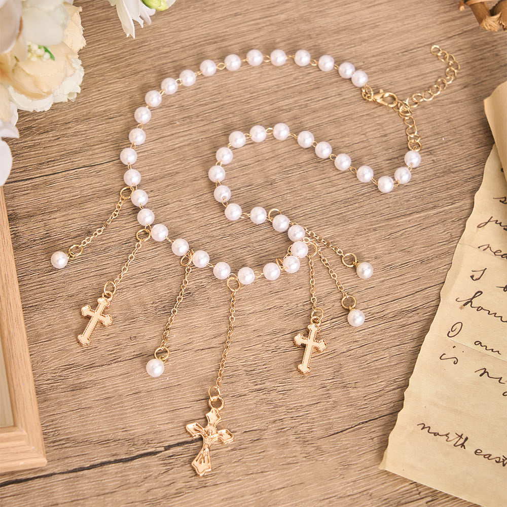 Pearl Bead Tassel Cross Choker Necklace: Emblem of Soft Heavenly Tenderness