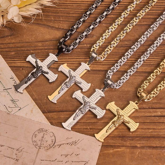 Retro Vintage Crucifix Prayer Inscription Necklace: Symbol of Classic Sacred Commemorative Accessory