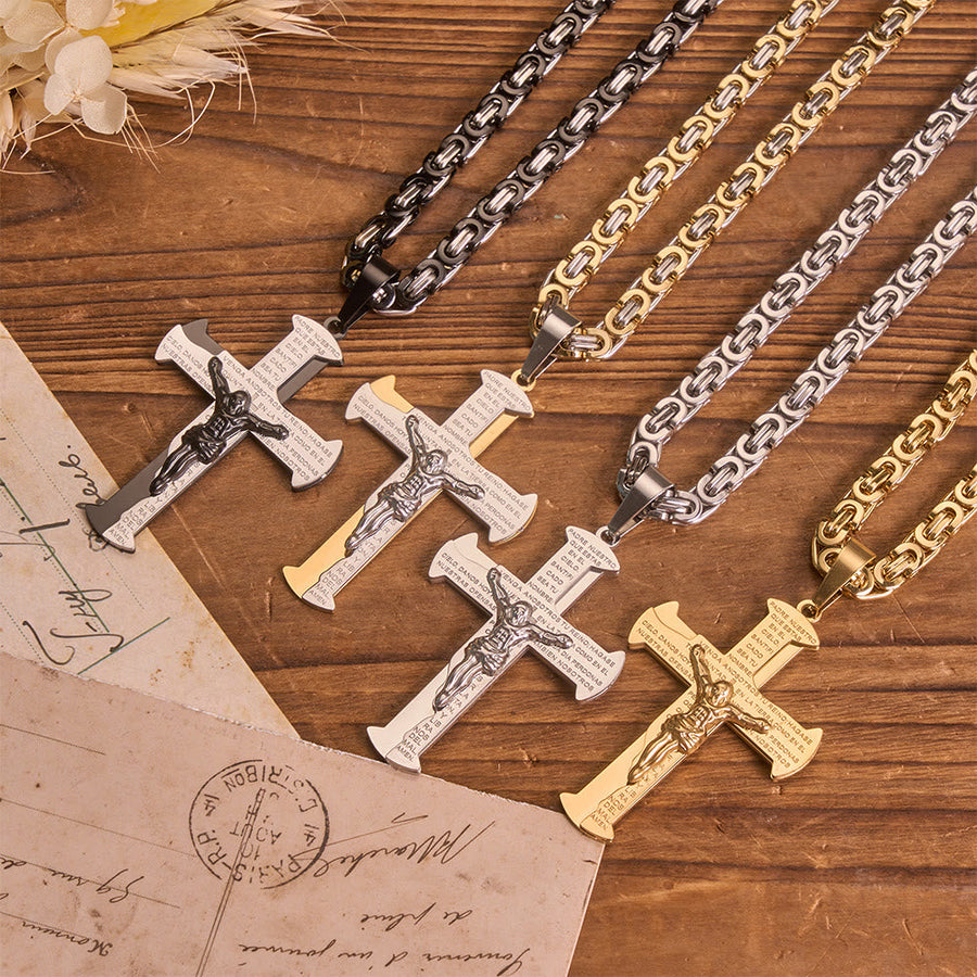 Retro Vintage Crucifix Prayer Inscription Necklace: Symbol of Classic Sacred Commemorative Accessory