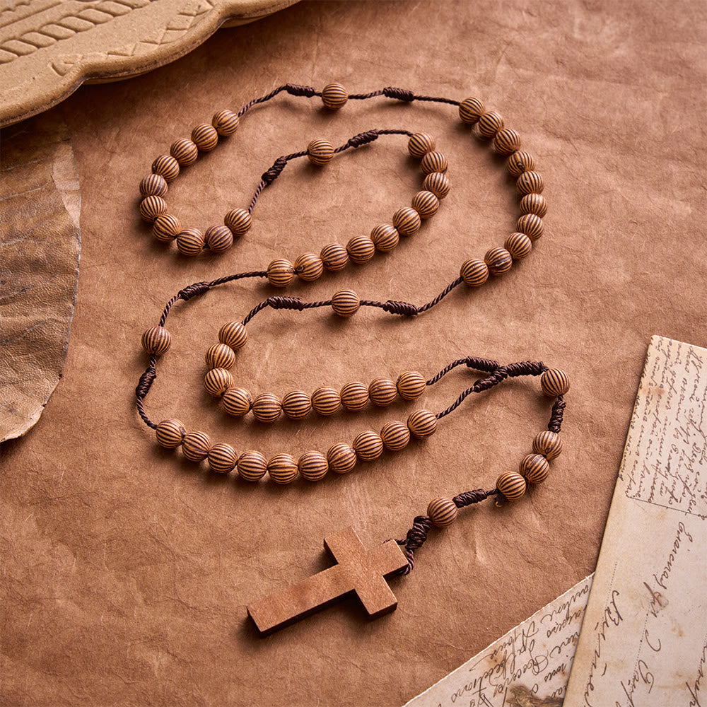 Braided Dark Cord Faux Timber Plastic Rosary With Cross Charm: Symbol of Low-Maintenance Devotional Ornament