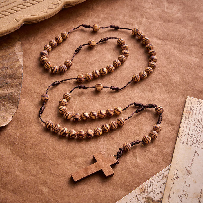 Braided Dark Cord Faux Timber Plastic Rosary With Cross Charm: Symbol of Low-Maintenance Devotional Ornament