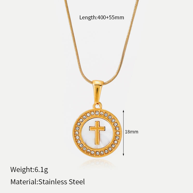 Sparkling Rhinestone‑Encircled Round Cross Medallion Necklace: Emblem of Abiding Heavenly Shelter